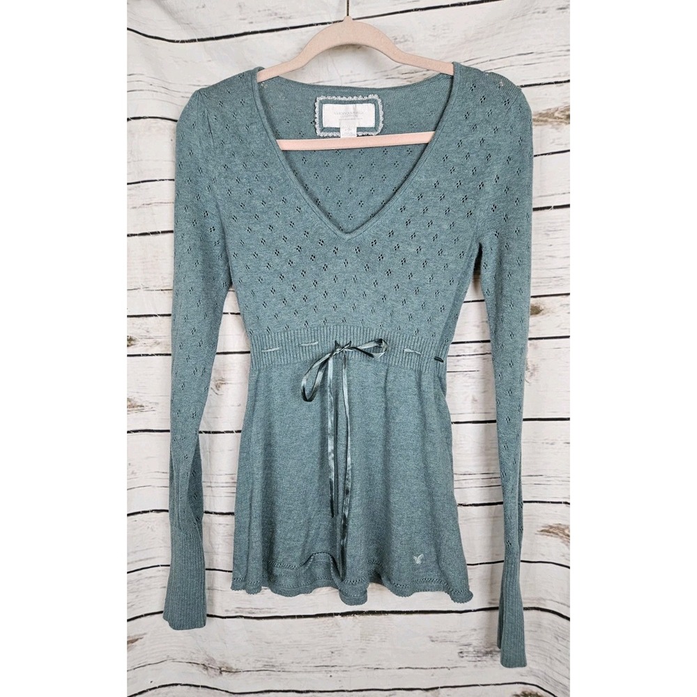 Vintage Y2K American Eagle Babydoll Sweater Top S Pointelle Twee Twilight Blue